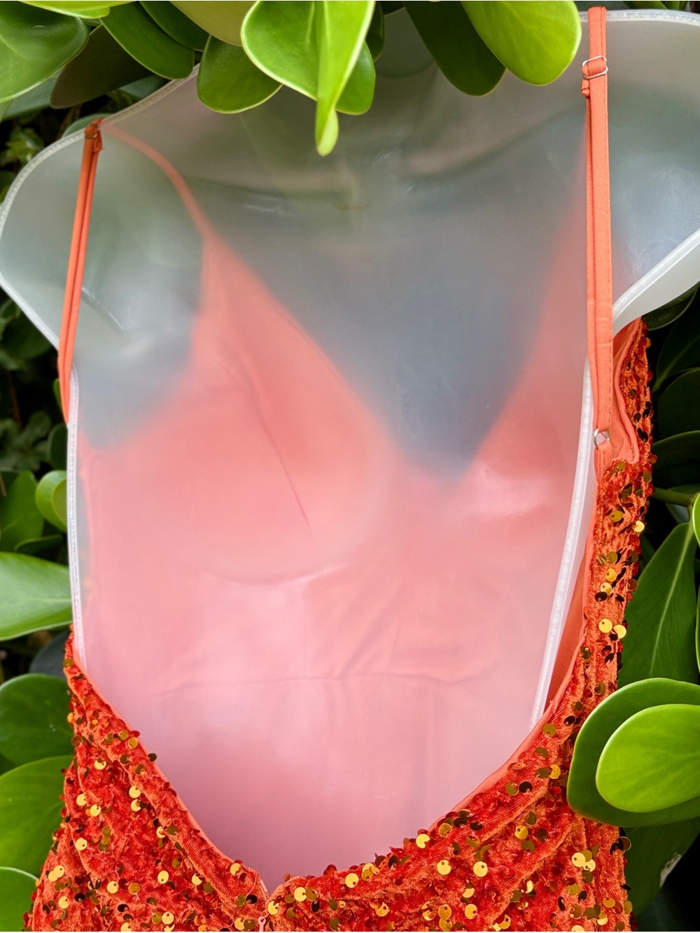 Dressalisa Orange Crushed Velvet Sequins Gown Size XS Party Maxi Dress Elegant - Picture 9 of 13